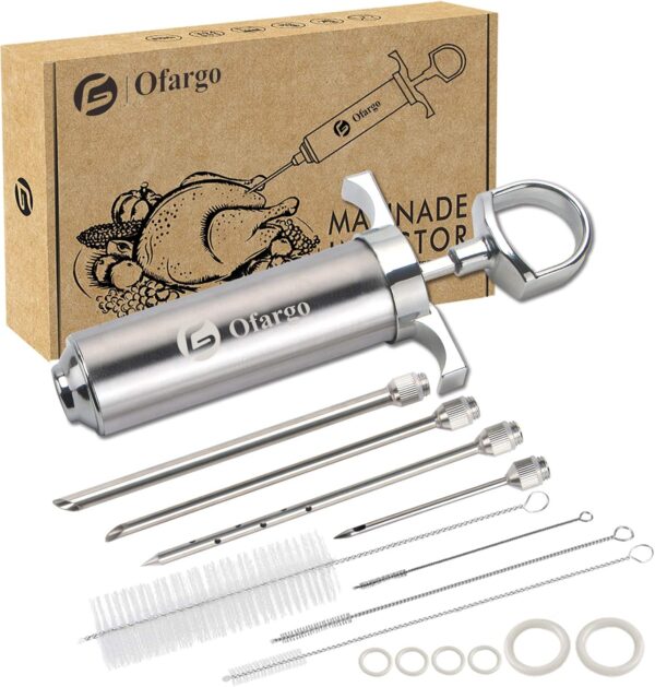 Ofargo 304 Stainless Steel Meat Injector Syringe Kit with 4 Marinade Needles and 2 Ounce Capacity for BBQ Grill and Smoker